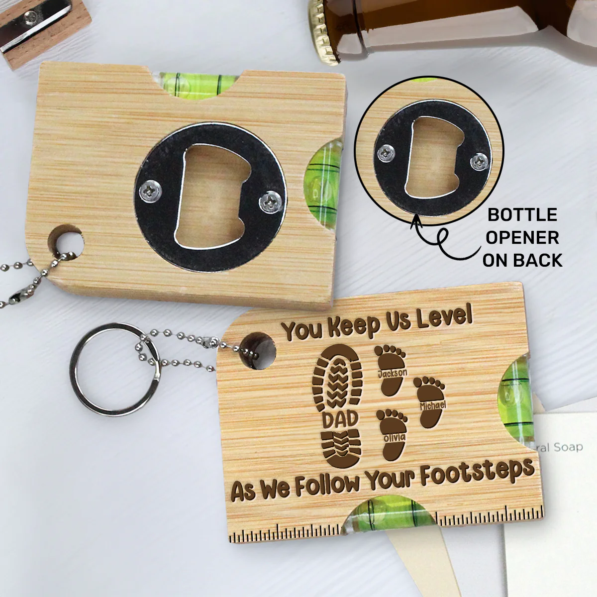 Dad You Keep Me Level - Personalized Spirit Level Bottle Opener Keyring