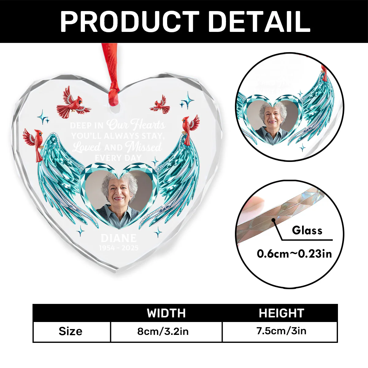 Deep In Our Hearts You’ll Always Stay - Personalized Heart Shaped Glass Ornament - Image 7