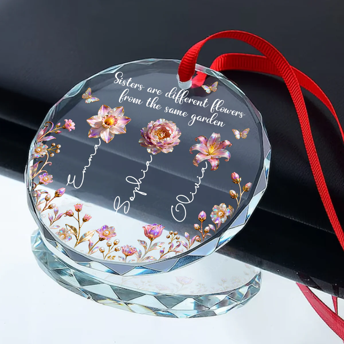 Different Flowers, Same Garden - Personalized Round Shaped Glass Ornament - Image 2
