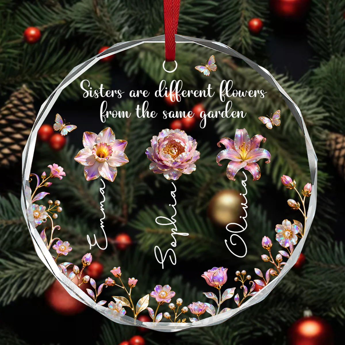 Different Flowers, Same Garden - Personalized Round Shaped Glass Ornament - Image 3