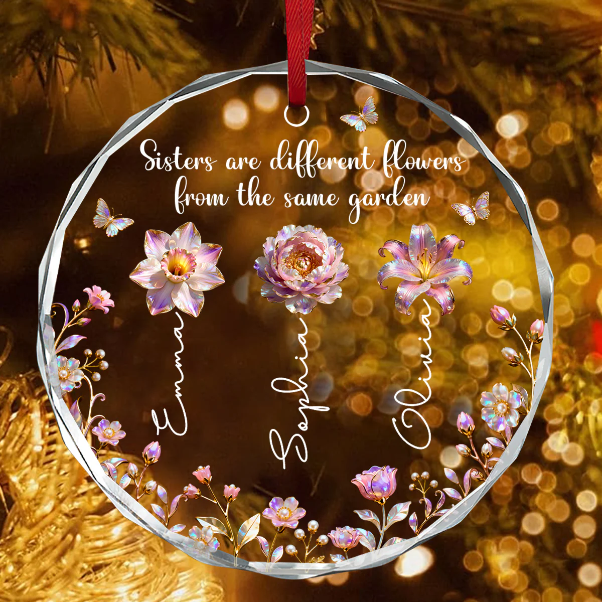 Different Flowers, Same Garden - Personalized Round Shaped Glass Ornament - Image 4