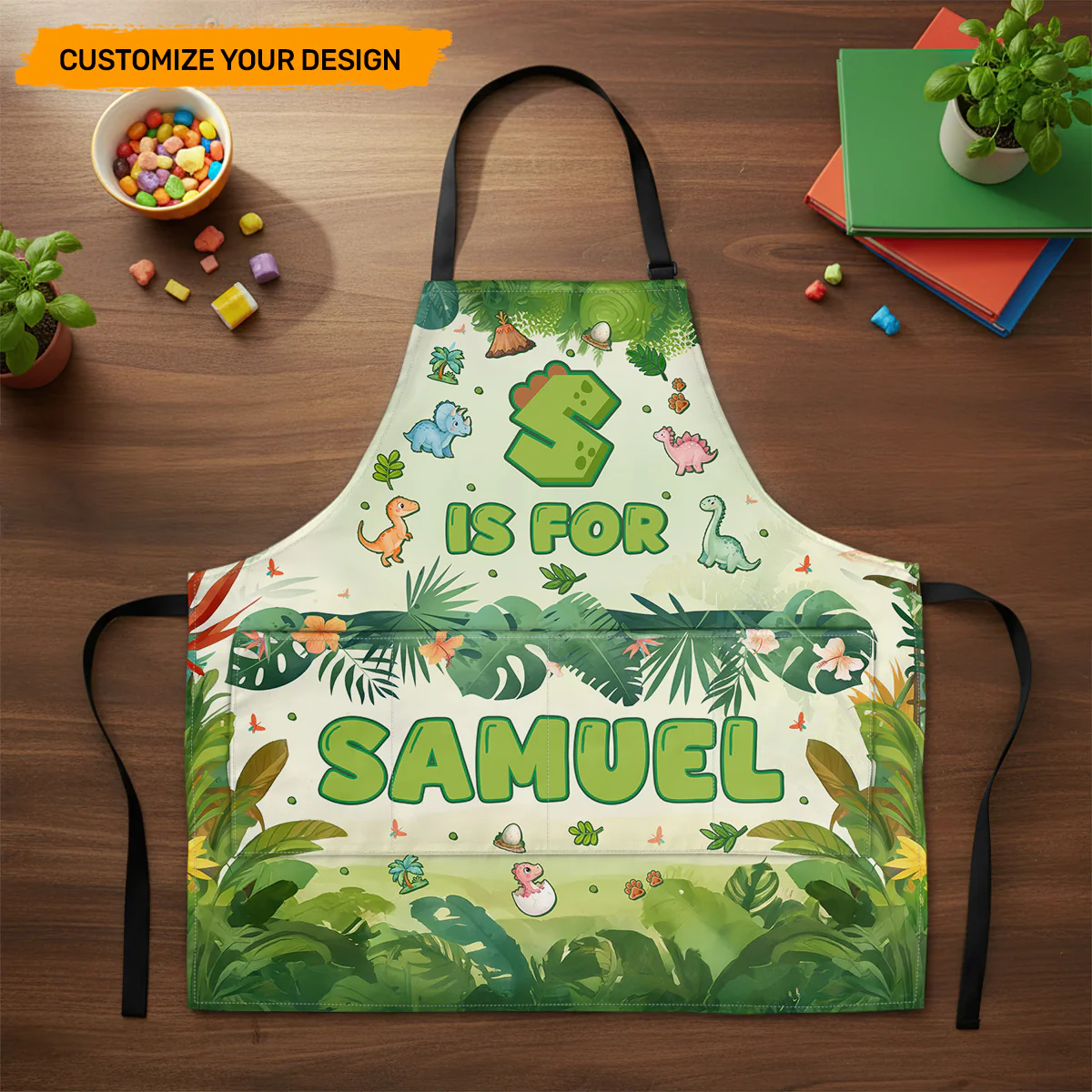 Dinosaur Kid's Name - Personalized Kid Apron With Pocket - Image 2