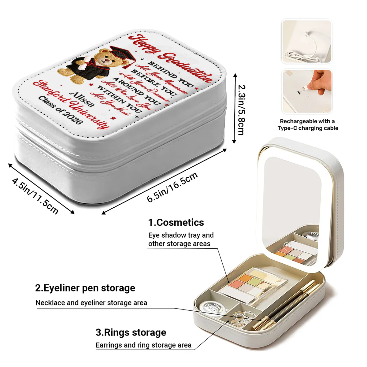 Dream Big, Little Grad - Personalized Custom Jewelry Box With LED Mirror - Image 7