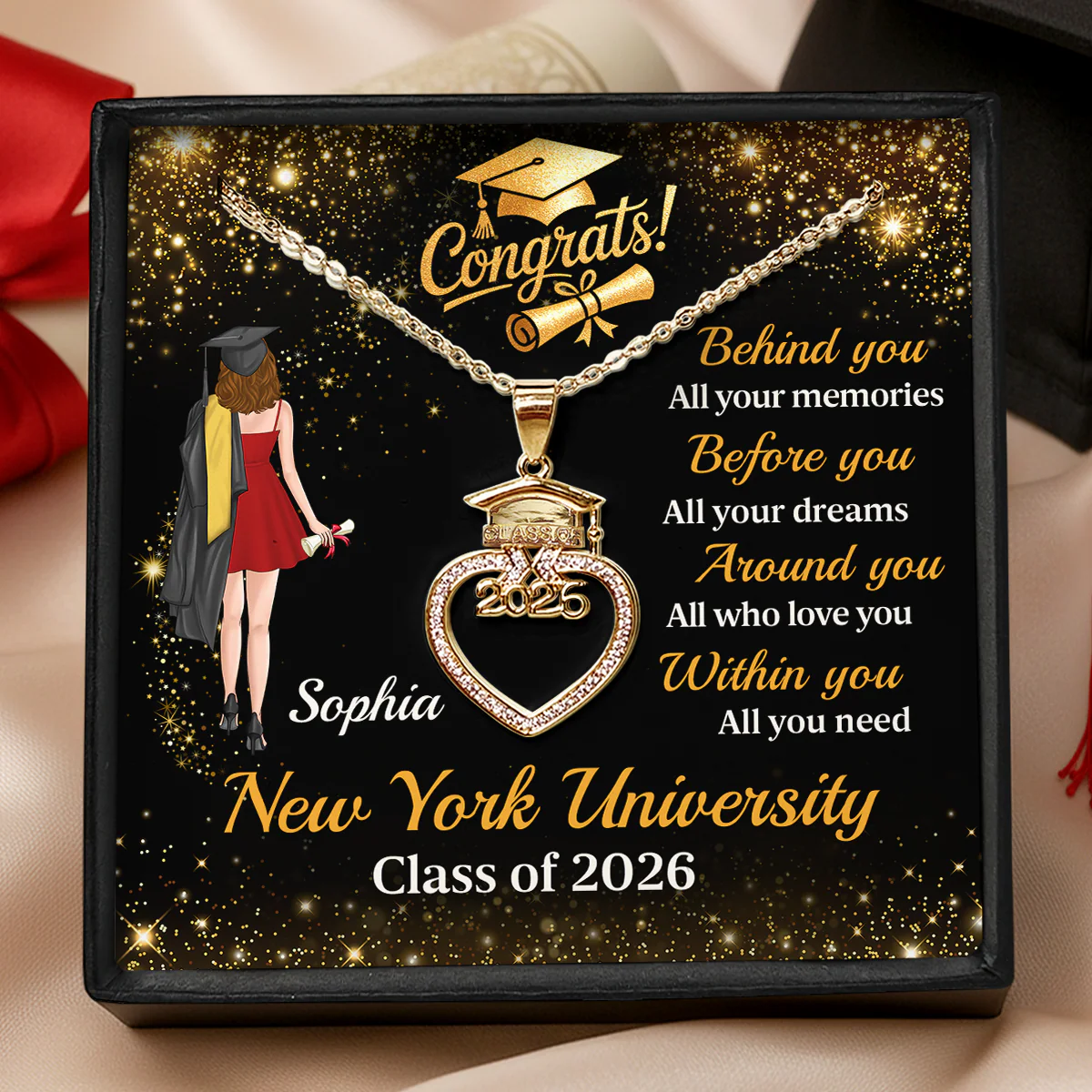 Dreams, Love, And Memories - Personalized Grad Cap Heart Necklace With Box & Card 2026