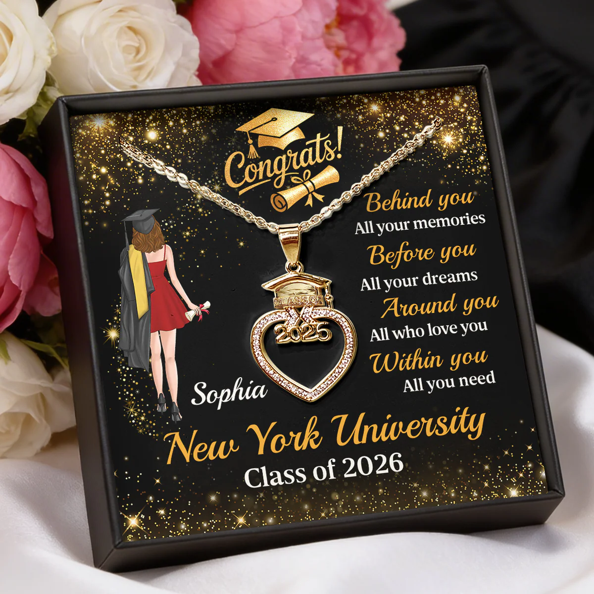 Dreams, Love, And Memories - Personalized Grad Cap Heart Necklace With Box & Card 2026 - Image 3