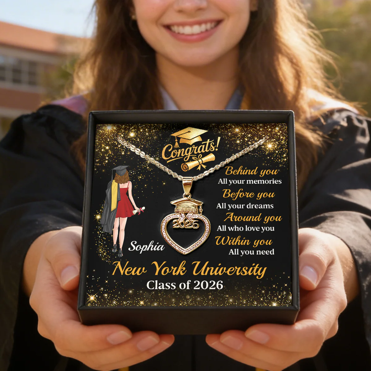Dreams, Love, And Memories - Personalized Grad Cap Heart Necklace With Box & Card 2026 - Image 4