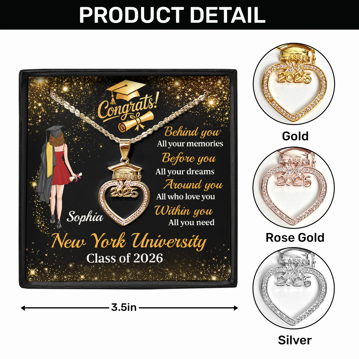 Dreams, Love, And Memories - Personalized Grad Cap Heart Necklace With Box & Card 2026 - Image 6