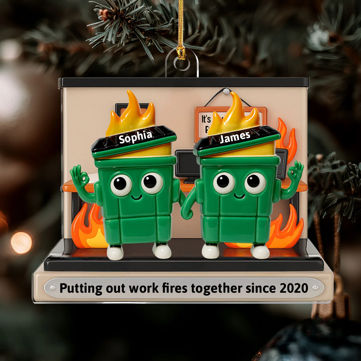 Dumpster Fires In Office Scene - Personalized 1-Layer Acrylic Ornament - Image 6