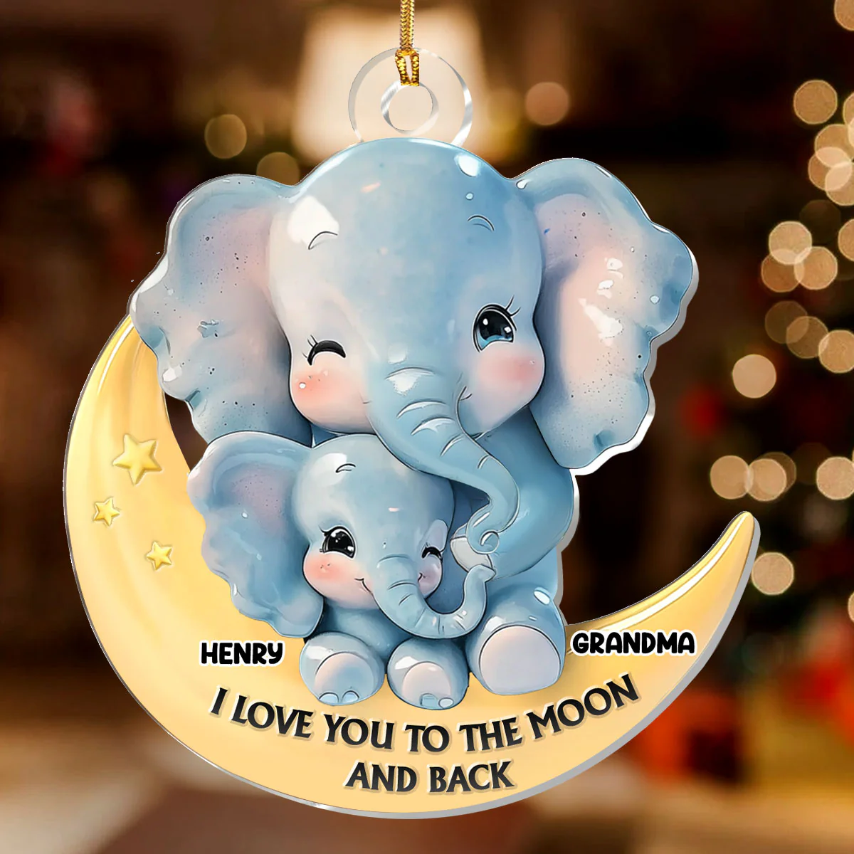 Elephant Moon Love - Personalized 1-Layer Acrylic Ornament - Image 2
