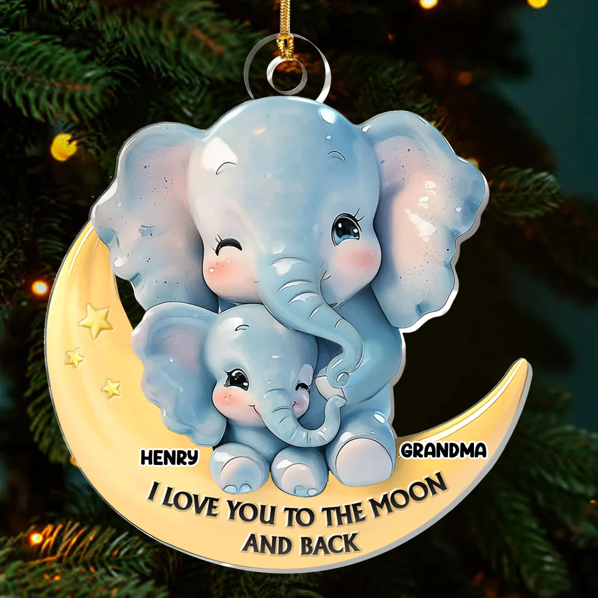 Elephant Moon Love - Personalized 1-Layer Acrylic Ornament - Image 3