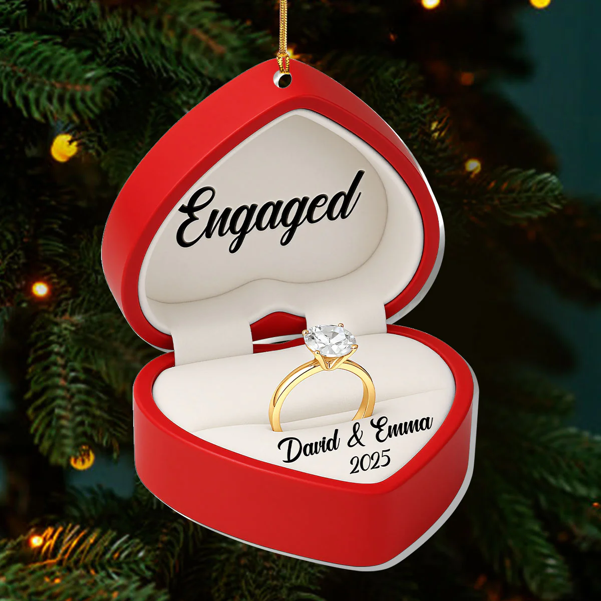 Engaged Married Couple Heart Ring Box - Personalized 1-Layer Acrylic Ornament - Image 3