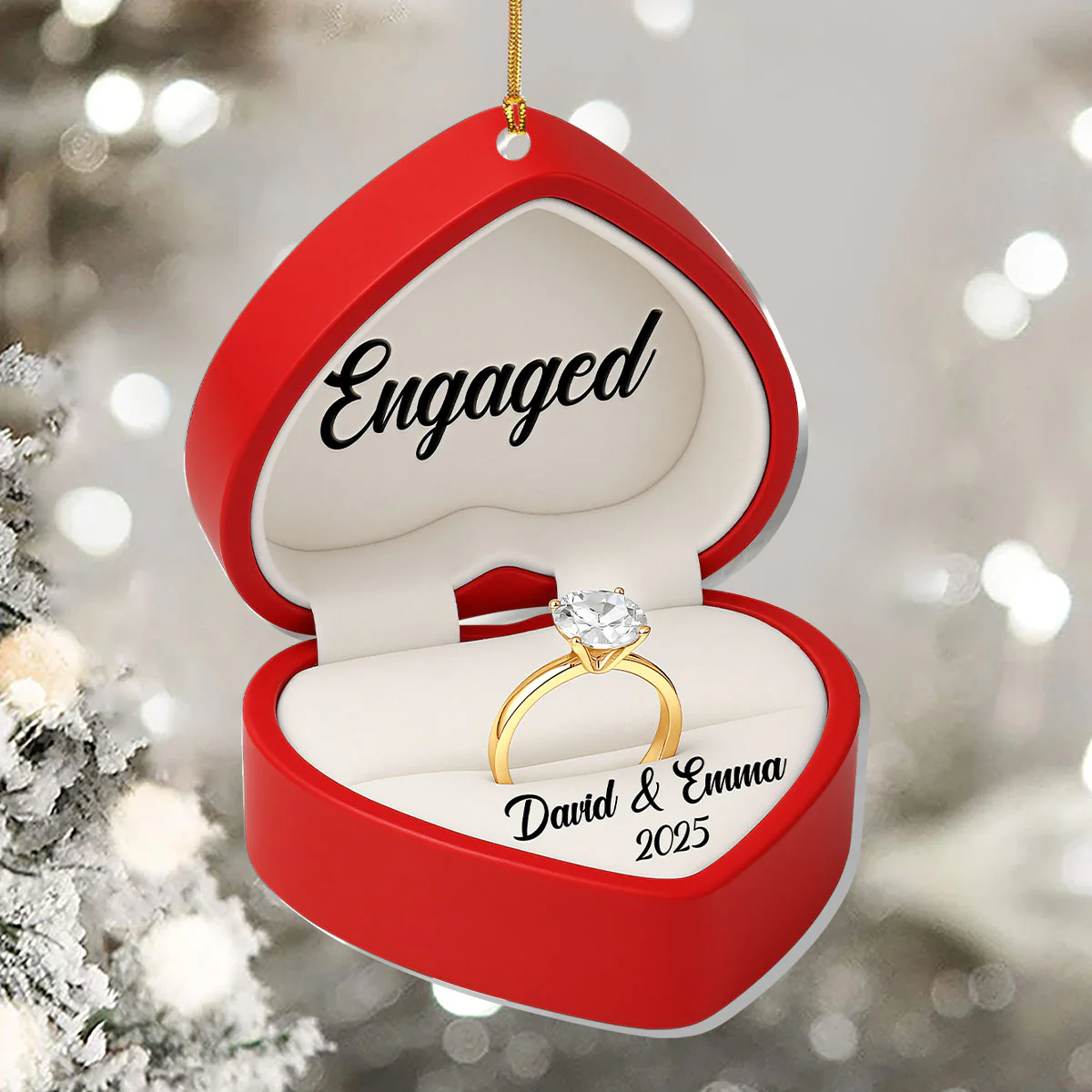 Engaged Married Couple Heart Ring Box - Personalized 1-Layer Acrylic Ornament - Image 5