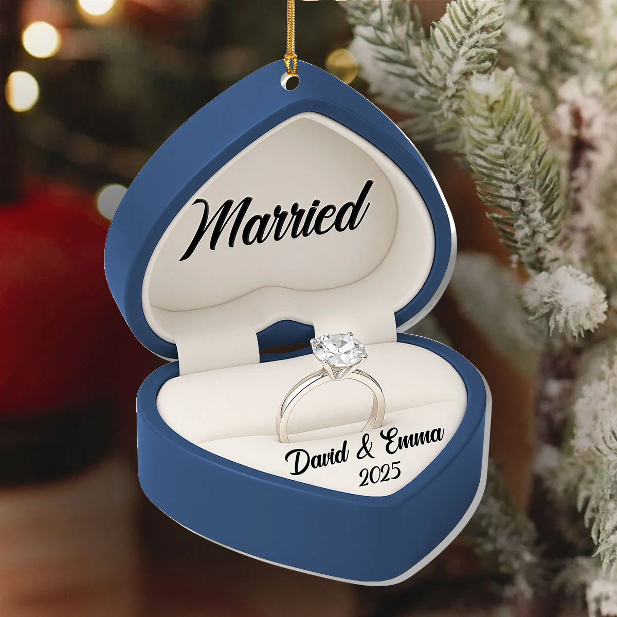 Engaged Married Couple Heart Ring Box - Personalized 1-Layer Acrylic Ornament - Image 6