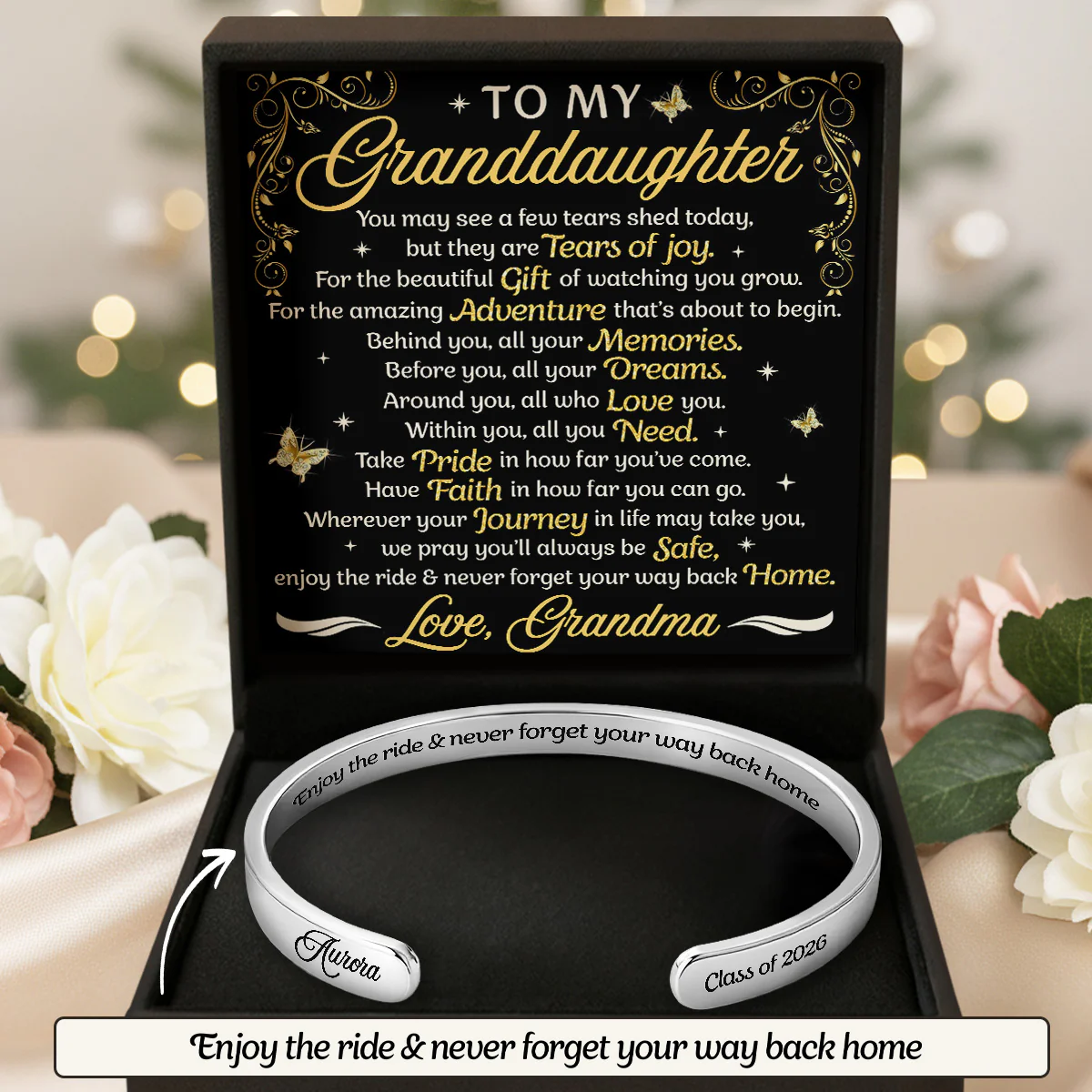 Enjoy The Ride And Never Forget Your Way Back Home - Personalized Cuff Bangle Bracelet With Box