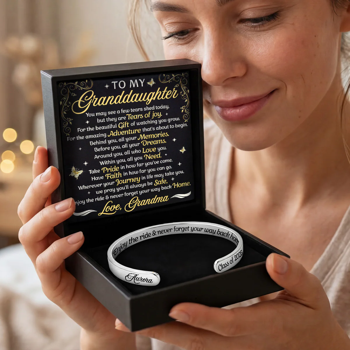 Enjoy The Ride And Never Forget Your Way Back Home - Personalized Cuff Bangle Bracelet With Box - Image 2