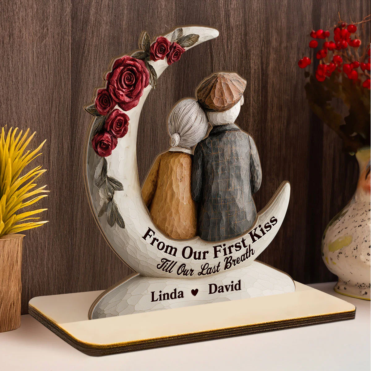 Eternal Embrace On The Crescent Moon - Personalized 2-Layer Wood Plaque With Flat Base - Image 3