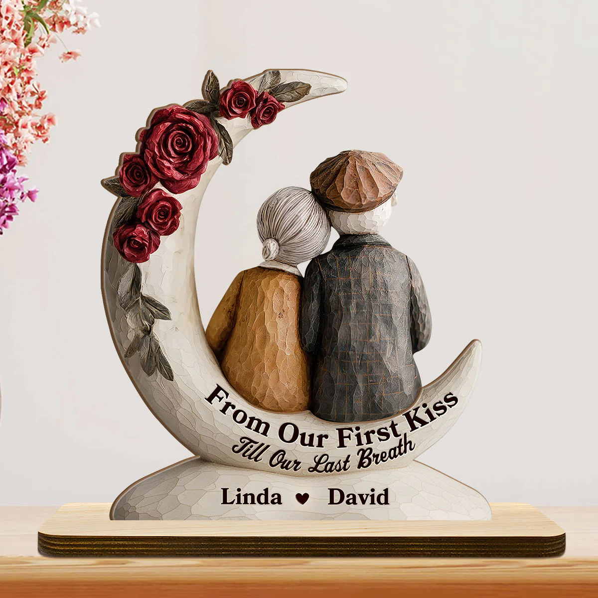 Eternal Embrace On The Crescent Moon - Personalized 2-Layer Wood Plaque With Flat Base - Image 4