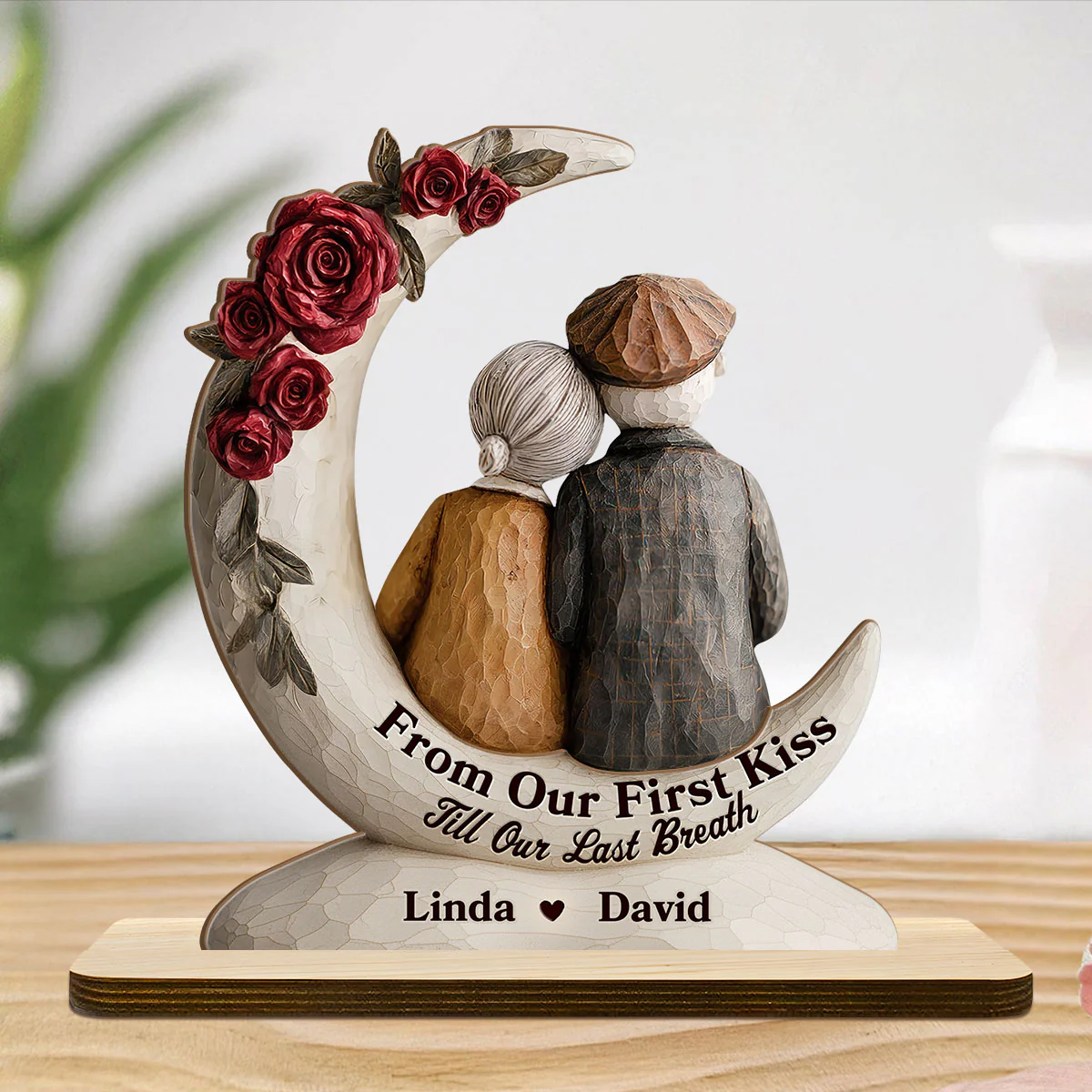 Eternal Embrace On The Crescent Moon - Personalized 2-Layer Wood Plaque With Flat Base - Image 5