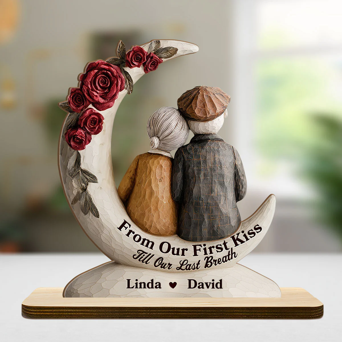 Eternal Embrace On The Crescent Moon - Personalized 2-Layer Wood Plaque With Flat Base - Image 6