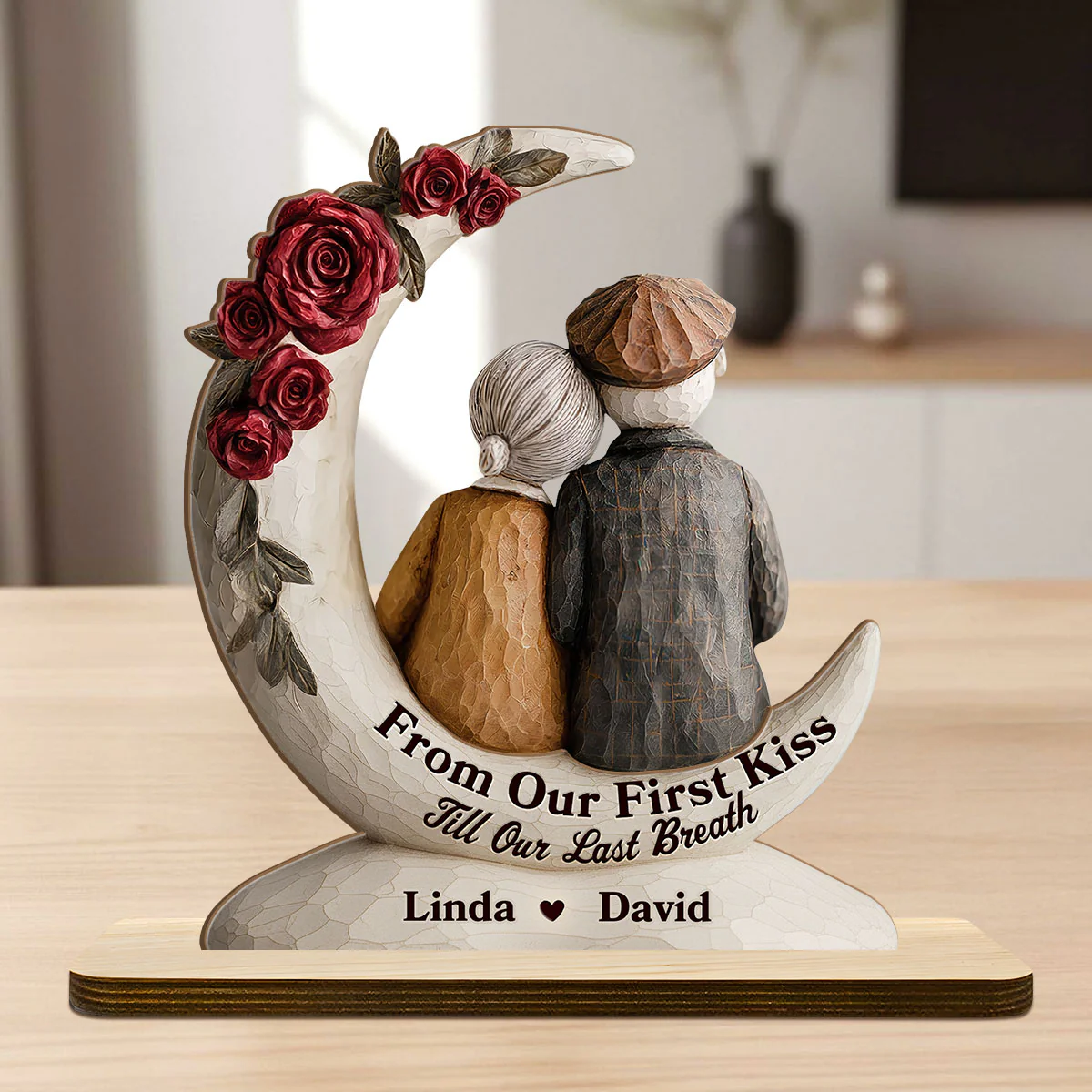 Eternal Embrace On The Crescent Moon - Personalized 2-Layer Wood Plaque With Flat Base - Image 7