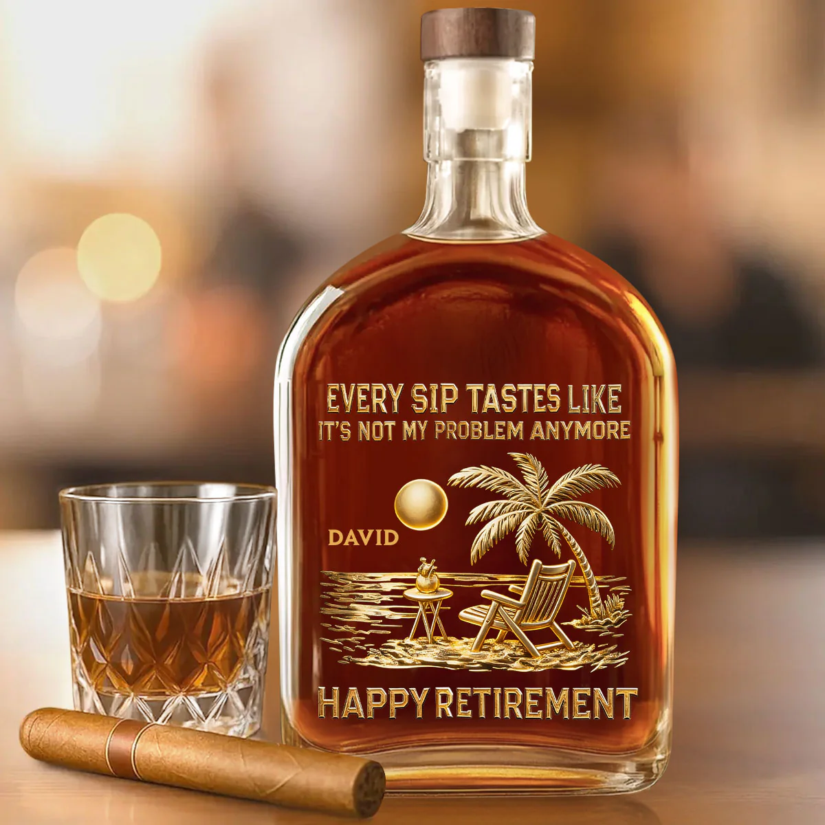 Every Sip Tastes Like Happy Retirement Palm Trees Beach Chair Sun - Personalized Whiskey Bottle - Image 2