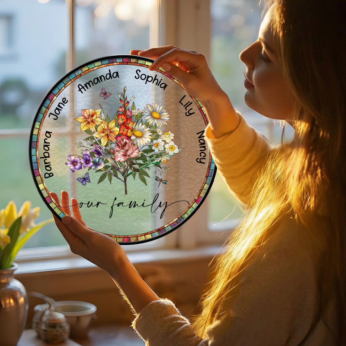 Family Birth Flower Bouquet - Personalized Stained Glass Window Hanging Suncatcher - Image 2