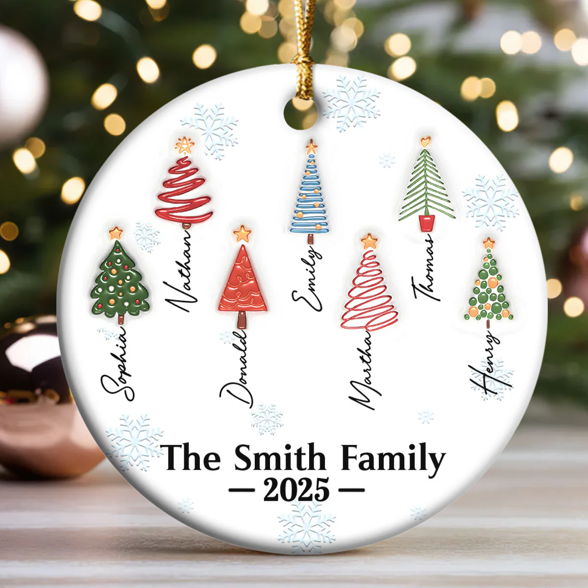 Family Christmas Tree Names - Personalized Round Shaped Ceramic Ornament - Image 3