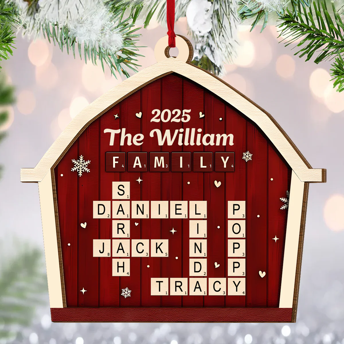 Family Crossword Barn - Personalized 2-Layered Wooden Ornament