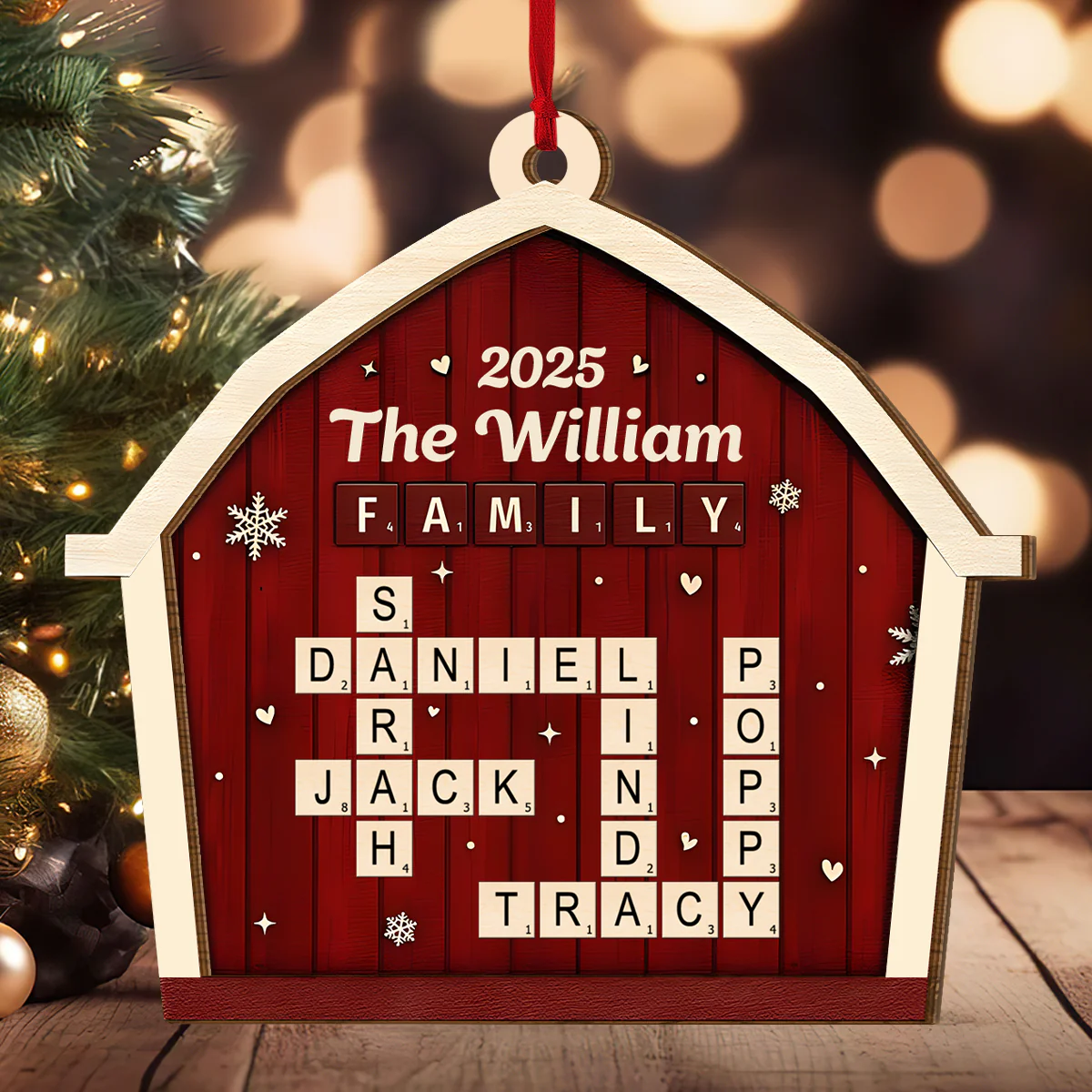 Family Crossword Barn - Personalized 2-Layered Wooden Ornament - Image 3