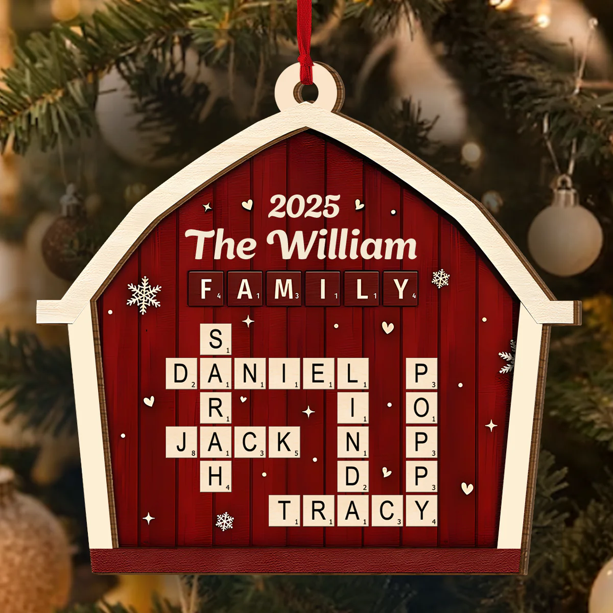Family Crossword Barn - Personalized 2-Layered Wooden Ornament - Image 4