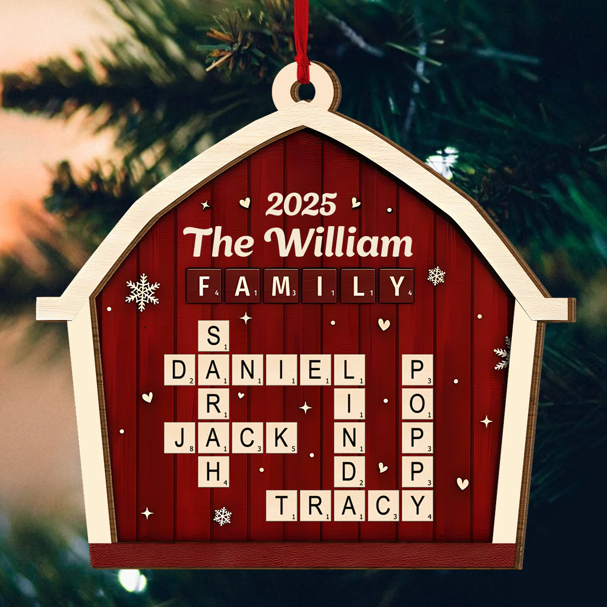 Family Crossword Barn - Personalized 2-Layered Wooden Ornament - Image 5