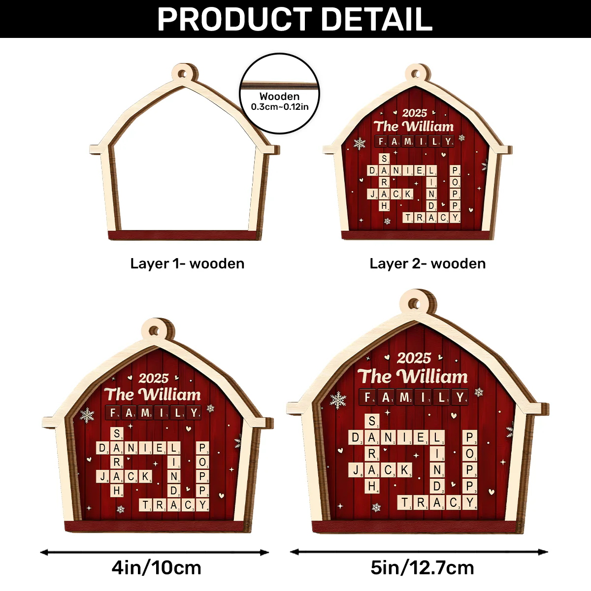 Family Crossword Barn - Personalized 2-Layered Wooden Ornament - Image 6