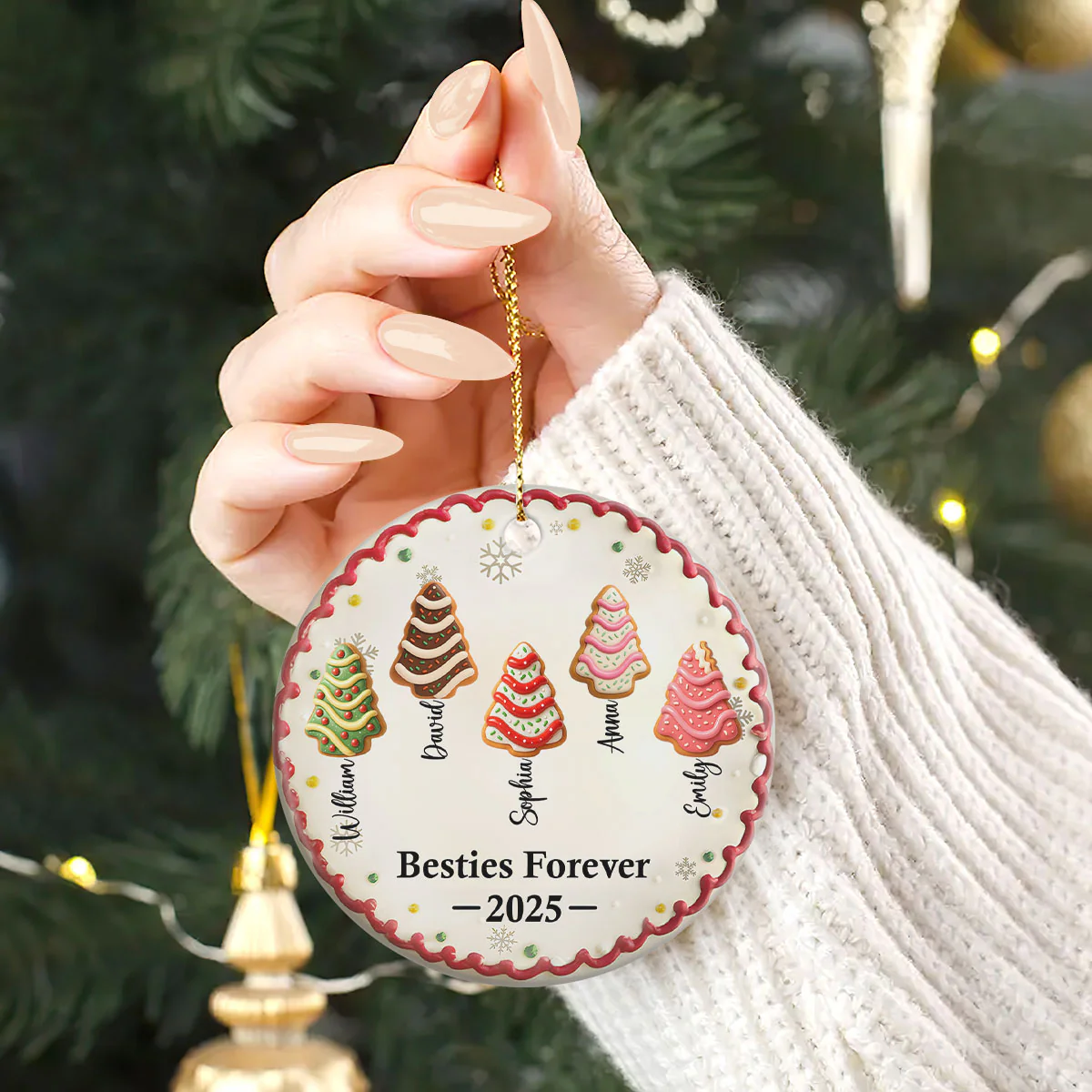 Family Friends Coworkers Christmas Cake Names - Personalized Round Shaped Ceramic Ornament - Image 2