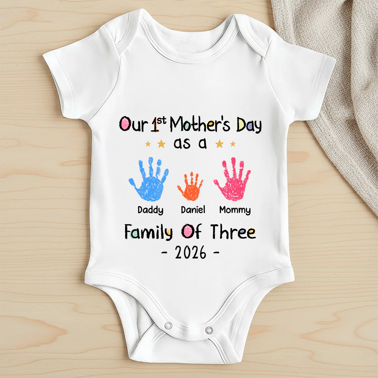 Family Handprints First Mother's Day - Personalized Baby Onesie