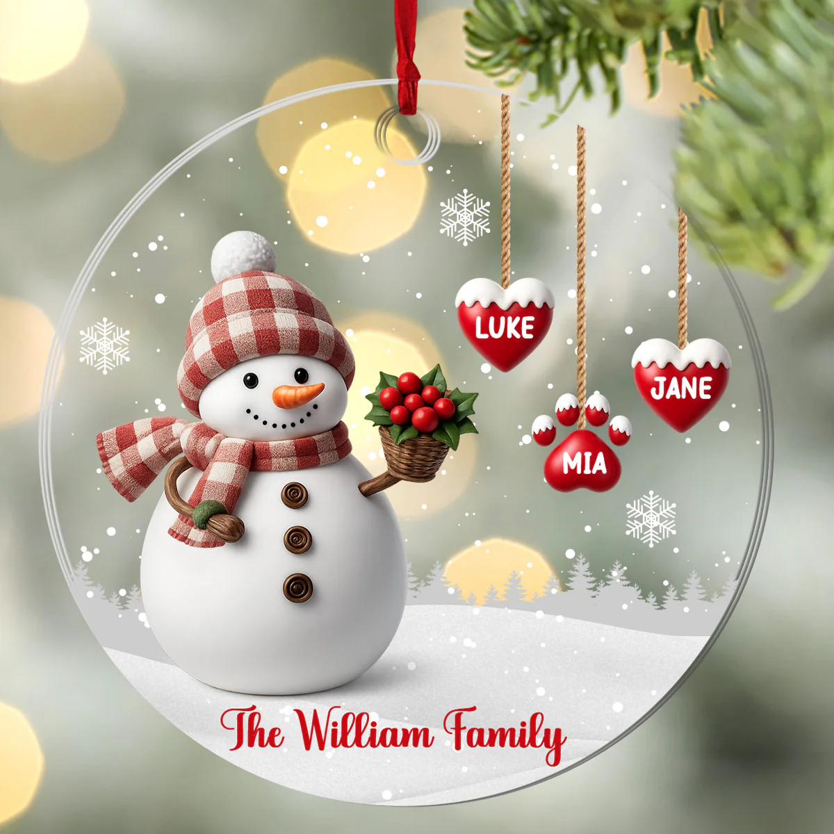 Family Member Names With Snowman - Personalized 1-Layer Acrylic Ornament - Image 3