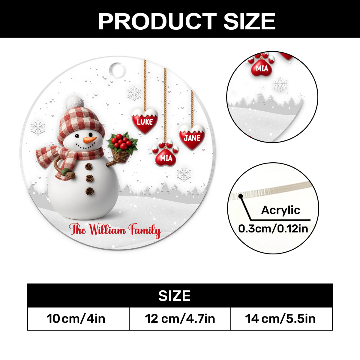 Family Member Names With Snowman - Personalized 1-Layer Acrylic Ornament - Image 4