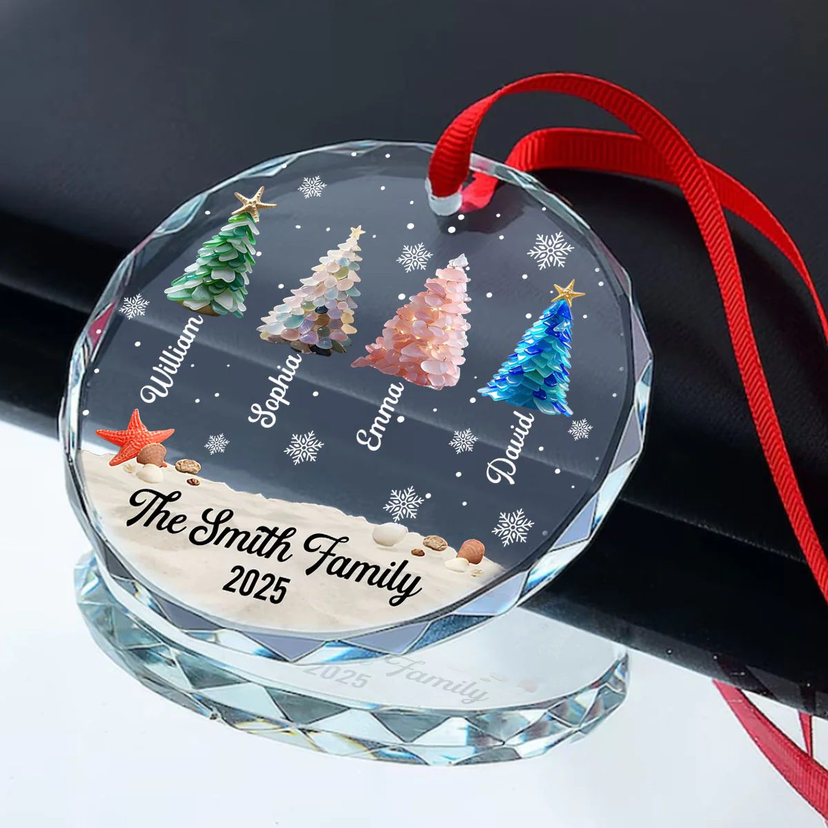Family Sea Glass Christmas Tree - Personalized Round Shaped Glass Ornament - Image 2