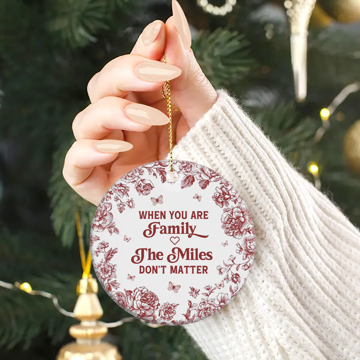 Family Ties Defy All Distance - Personalized Round Shaped Ceramic Ornament - Image 3