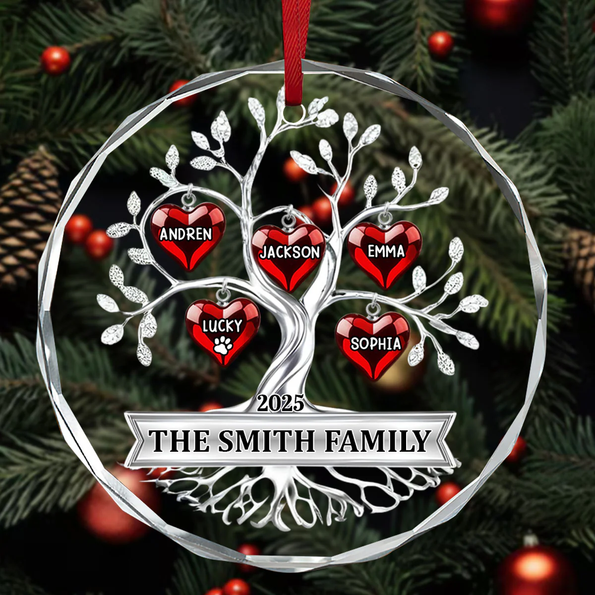 Family Tree - Personalized Round Shaped Glass Ornament - Image 3