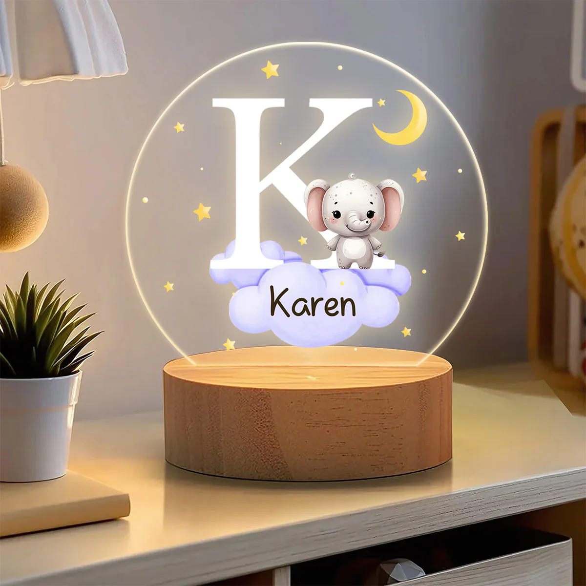 Fantasy Star Cloud Animal Initial Name - Personalized Round Base LED Night Light - Image 3
