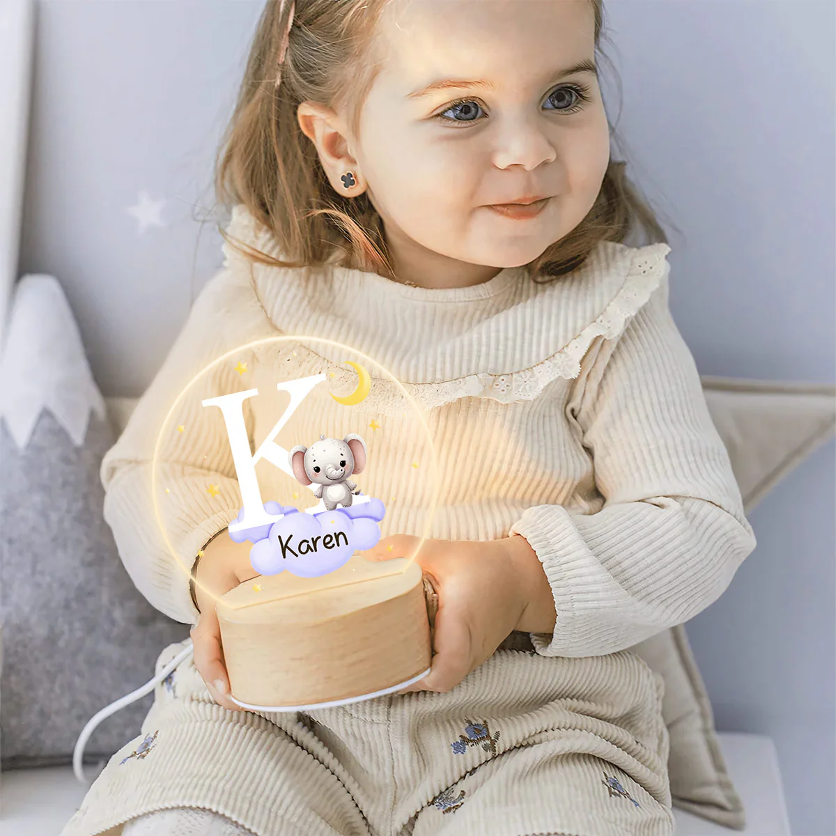 Fantasy Star Cloud Animal Initial Name - Personalized Round Base LED Night Light - Image 4