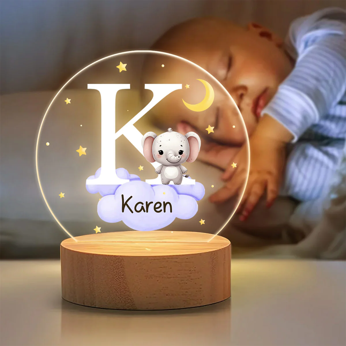 Fantasy Star Cloud Animal Initial Name - Personalized Round Base LED Night Light - Image 6