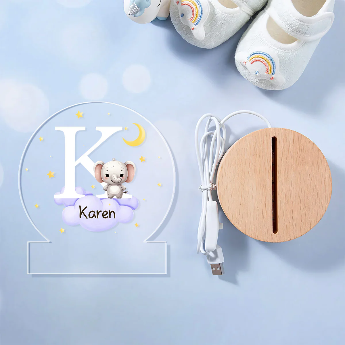 Fantasy Star Cloud Animal Initial Name - Personalized Round Base LED Night Light - Image 8