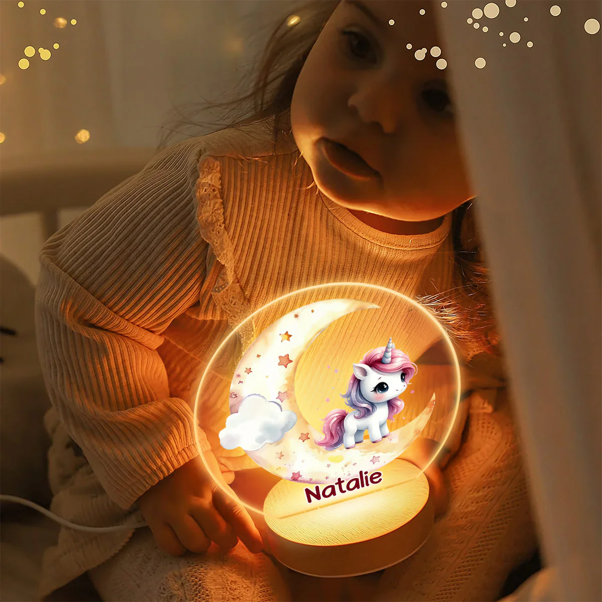 Fantasy Unicorn Dreamy Moon - Personalized Round Base LED Night Light - Image 5