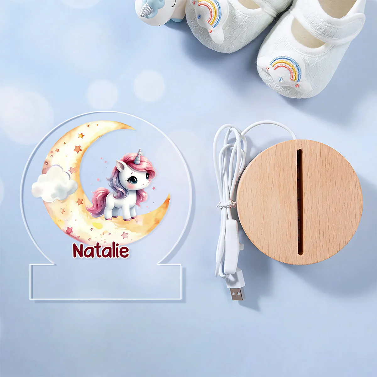 Fantasy Unicorn Dreamy Moon - Personalized Round Base LED Night Light - Image 8