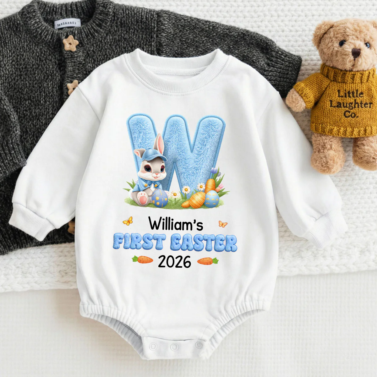 Faux Chenille Easter Baby Long Sleeve Puff Romper - Personalized Baby One-Piece - Image 3