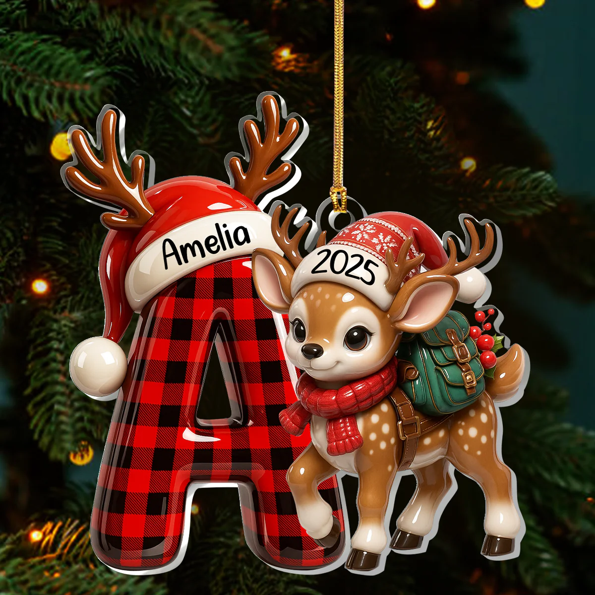 Festive Adorable Reindeer Christmas Alphabet - Personalized 1-Layer Acrylic Ornament - Image 2