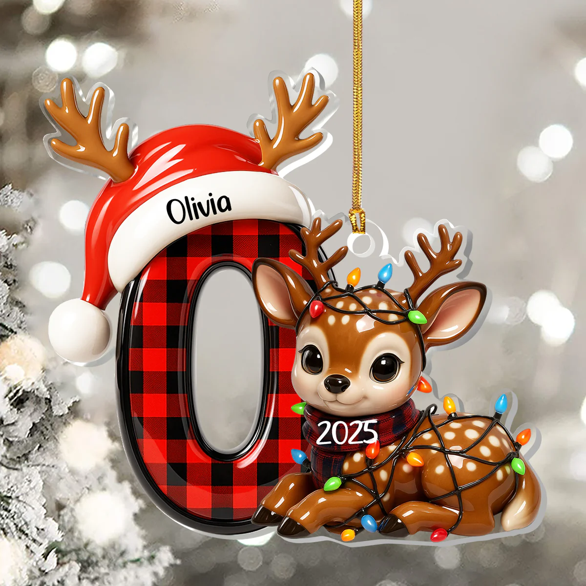 Festive Adorable Reindeer Christmas Alphabet - Personalized 1-Layer Acrylic Ornament - Image 3