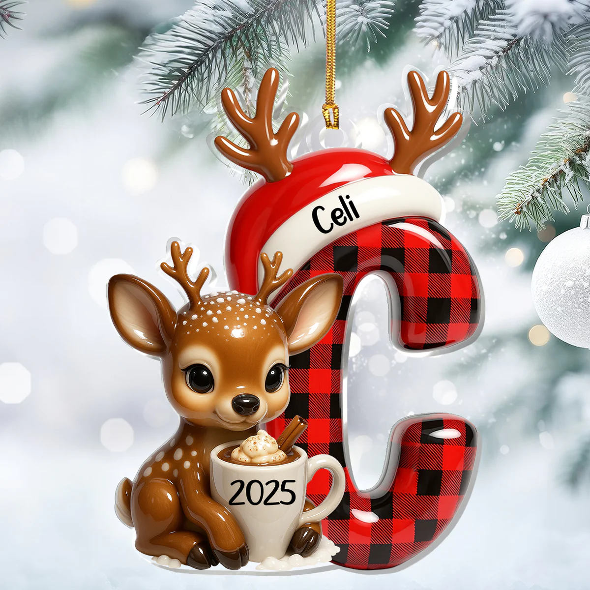 Festive Adorable Reindeer Christmas Alphabet - Personalized 1-Layer Acrylic Ornament - Image 4