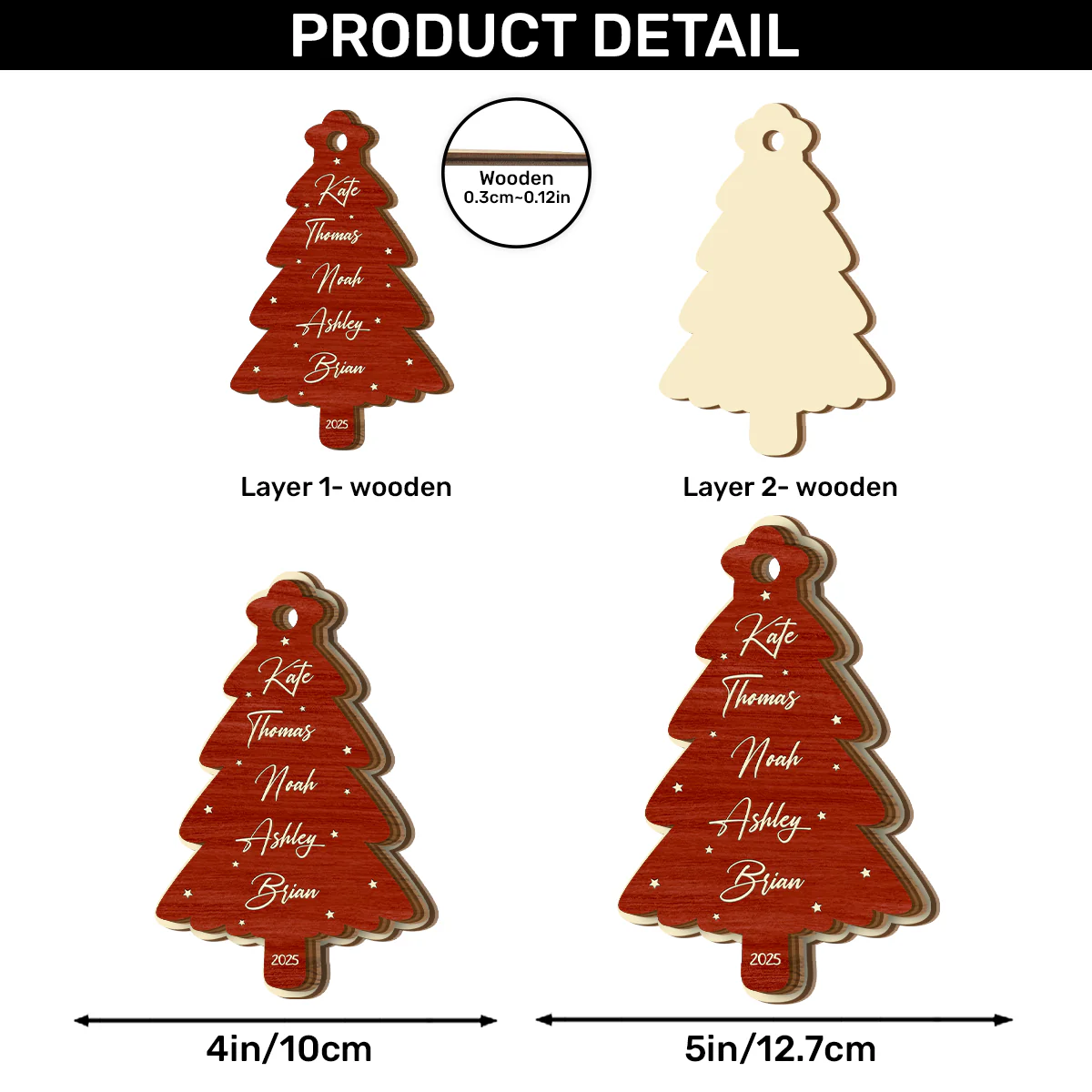 Festive Christmas Tree Custom Name - Personalized 2-Layered Wooden Ornament - Image 5